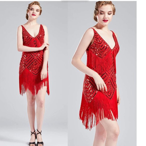 NWT red beaded deco flapper dress ALL SIZES - Picture 1 of 7